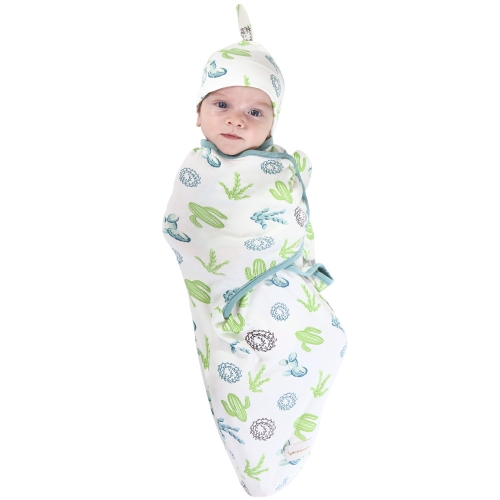 아기 포대기 담요 및 모자 세트, 조정 가능한 유아 아기 랩 세트, 담요 받기, 0-3 개월, 3-6 개월 동안 아기 비니 모자 탑 매듭
